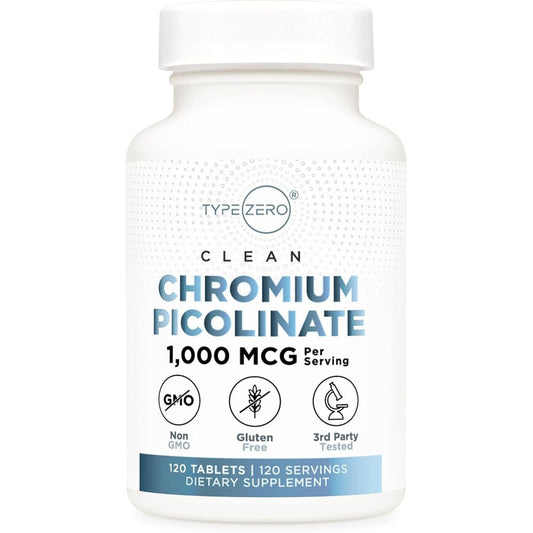 Type Zero Clean Chromium Picolinate 1000 Micrograms front view bottle for metabolism support