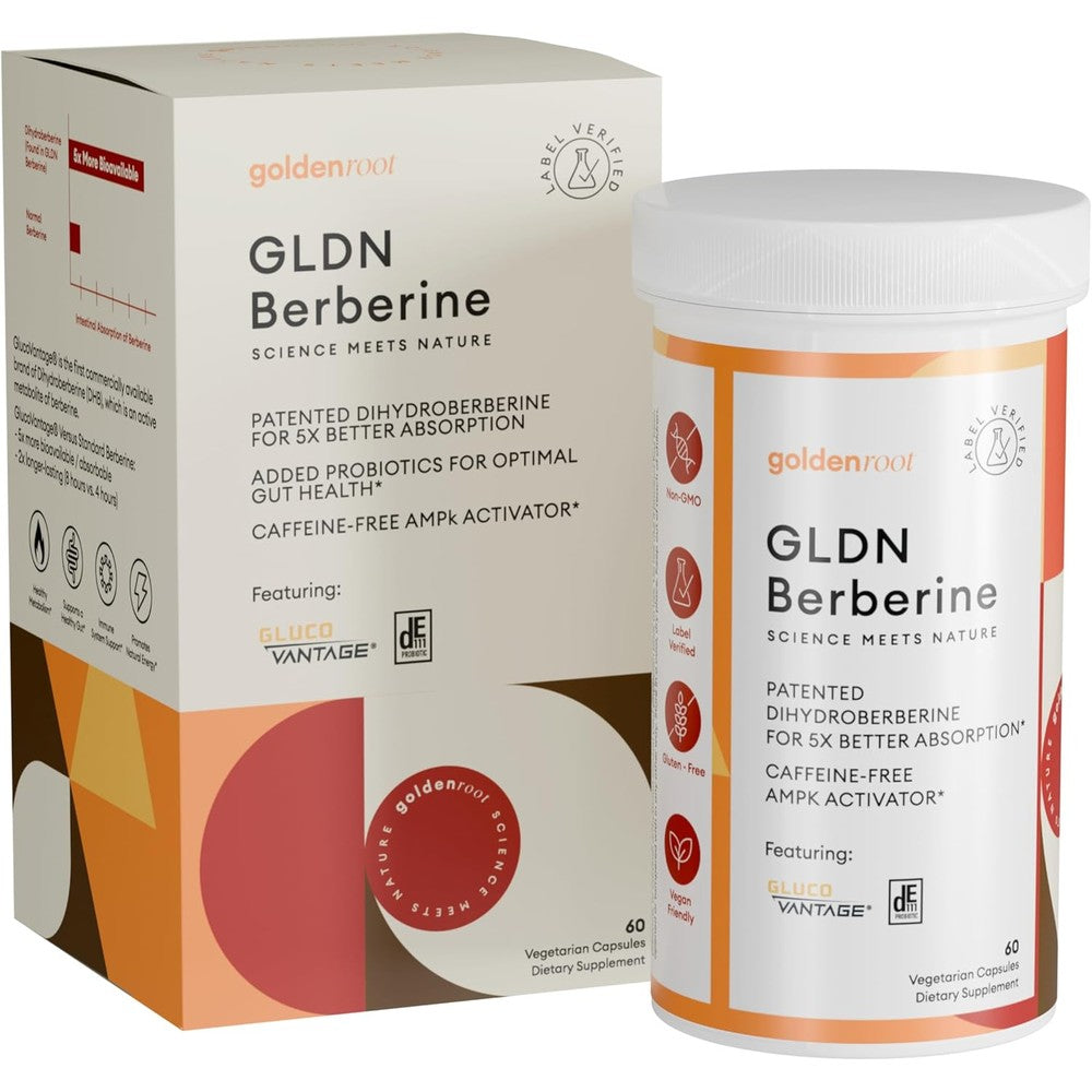 GoldenRoot GLDN Berberine Advanced Absorption Formula front bottle view showing 60 vegan capsules