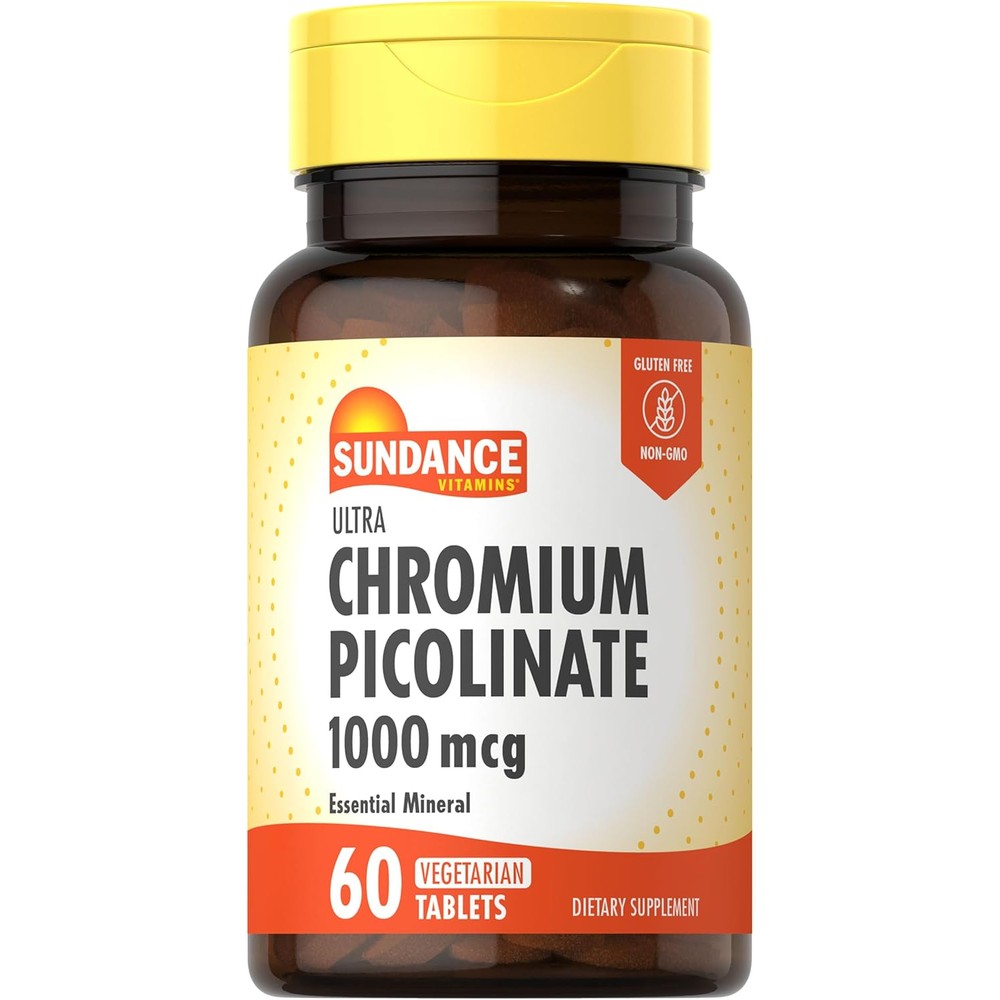Sundance Chromium Picolinate 1000 Mcg 60 vegetarian tablets front bottle view showing essential trace mineral supplement packaging.