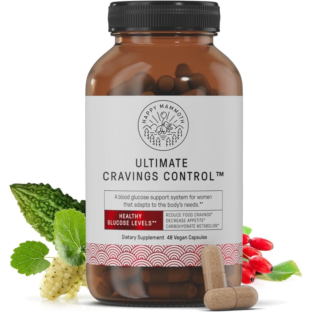 Happy Mammoth Ultimate Cravings Control 48 capsules front bottle view for sugar craving management.
