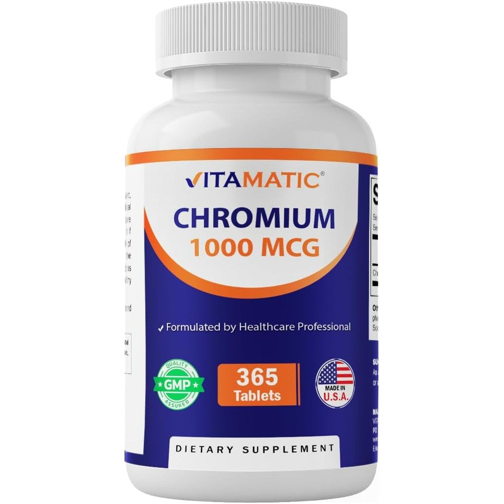 Vitamatic Chromium Picolinate 1000mcg 365 tablets front bottle view daily metabolism supplement