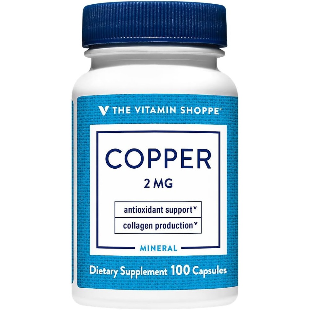 The Vitamin Shoppe Copper 2 Milligrams 100 Capsules front bottle view for daily immune and antioxidant support.