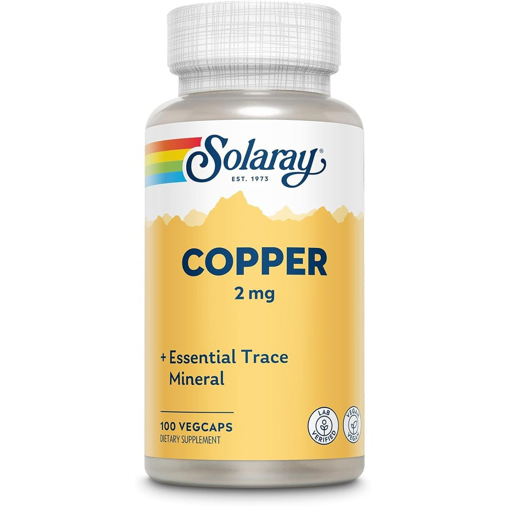 Solaray Copper Bisglycinate 2 mg 100 Vegan Capsules front view showing authentic product label for trace mineral support.