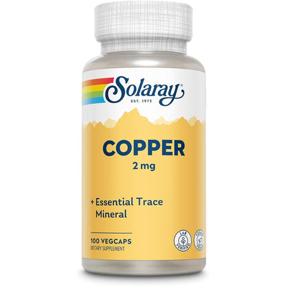Solaray Copper Bisglycinate 2 mg 100 Vegan Capsules front view showing authentic product label for trace mineral support.