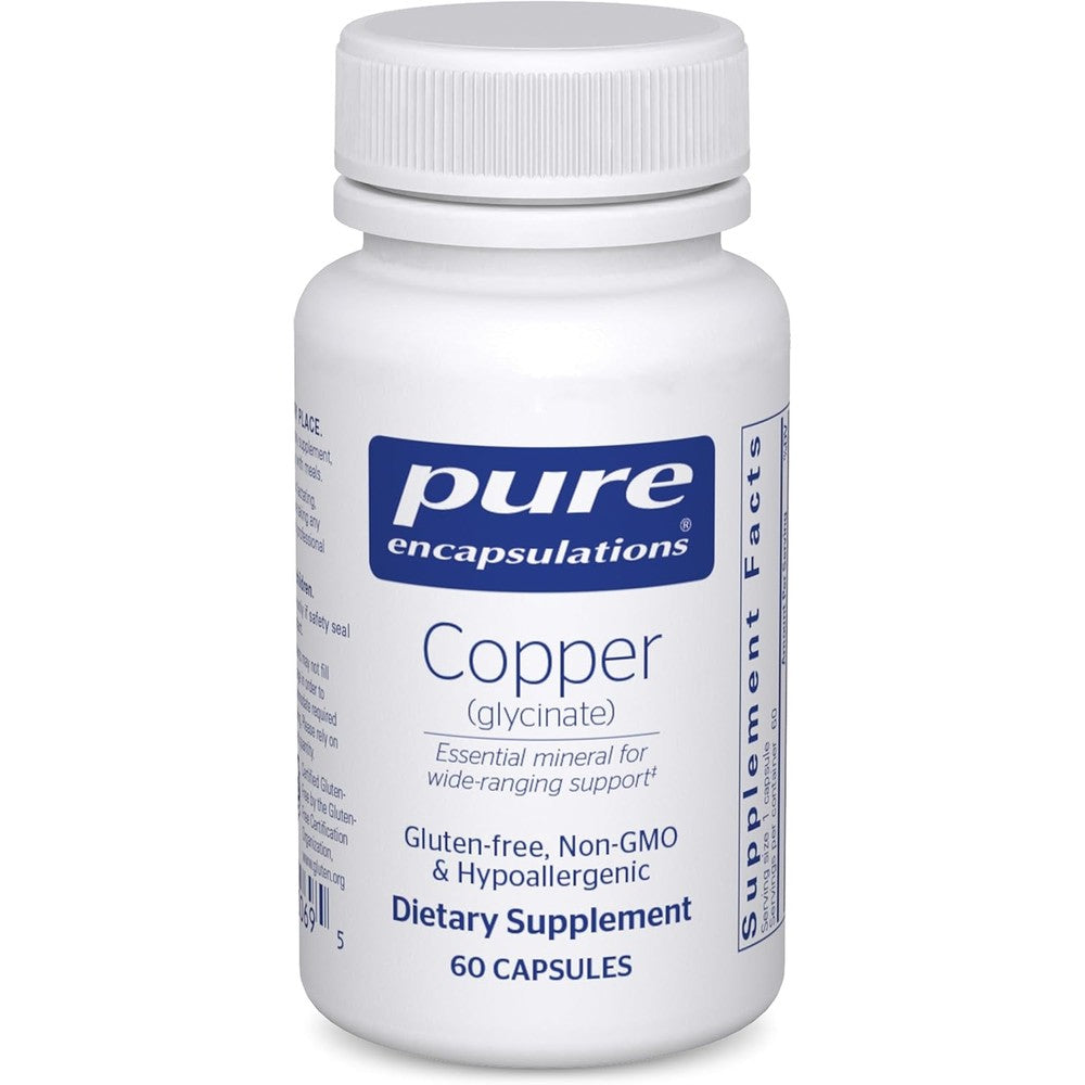 Pure Encapsulations Copper Glycinate 60 capsules front view showing original USA packaging