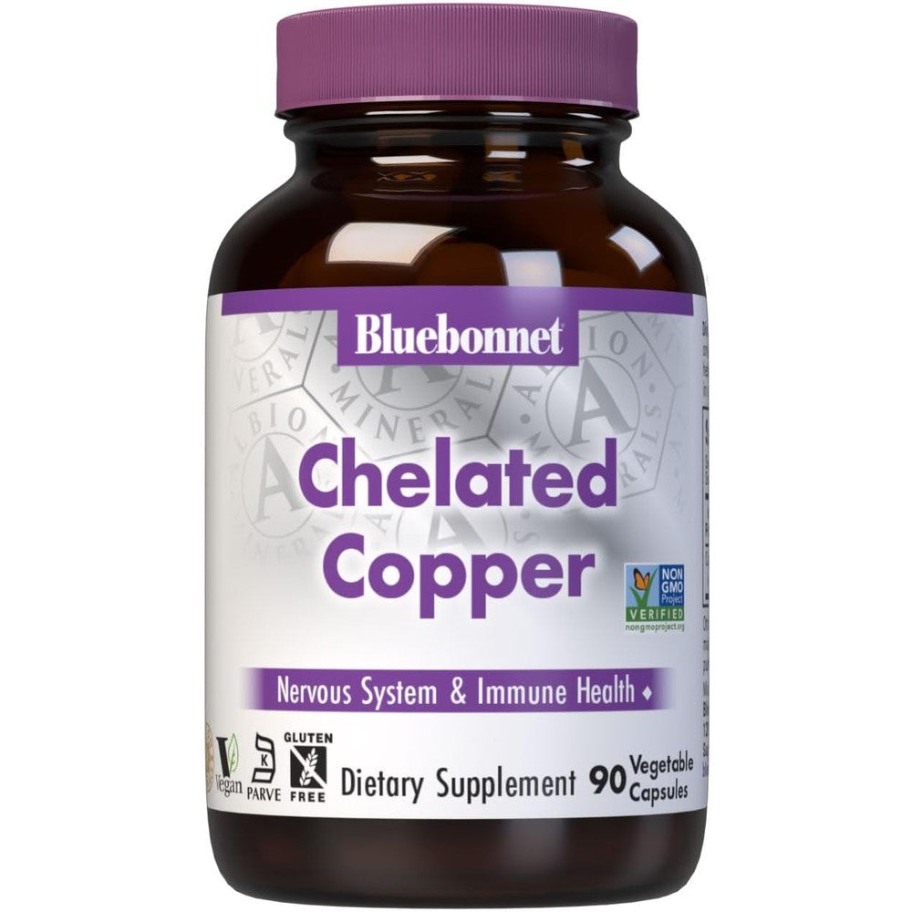 Bluebonnet Nutrition Albion Chelated Copper 3 mg 90 vegetable capsules front bottle view.