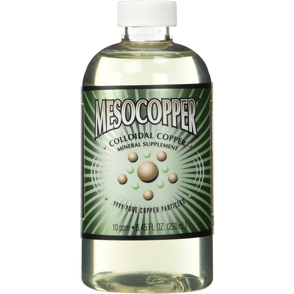 Purest Colloids MesoCopper colloidal copper supplement front view of two hundred fifty milliliter bottle.