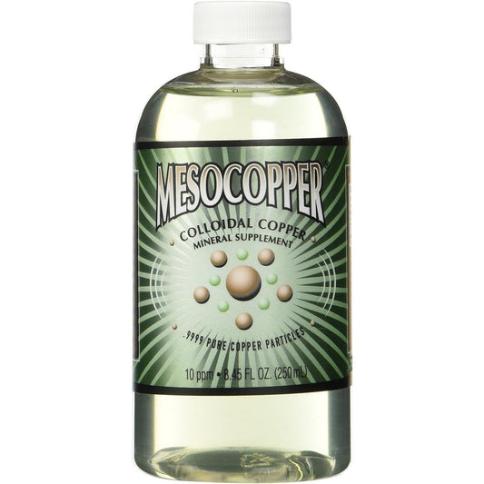 Purest Colloids MesoCopper colloidal copper supplement front view of two hundred fifty milliliter bottle.
