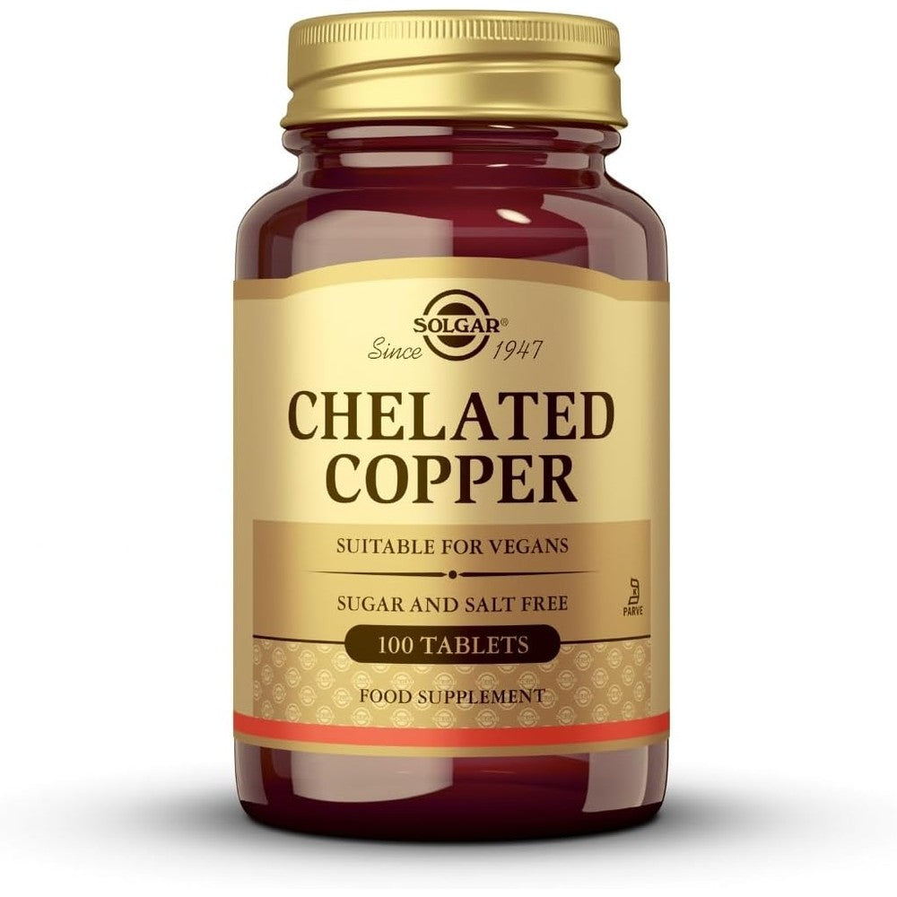 Solgar Chelated Copper 100 tablets bottle front view showing product labels and 2.5 mg dosage.