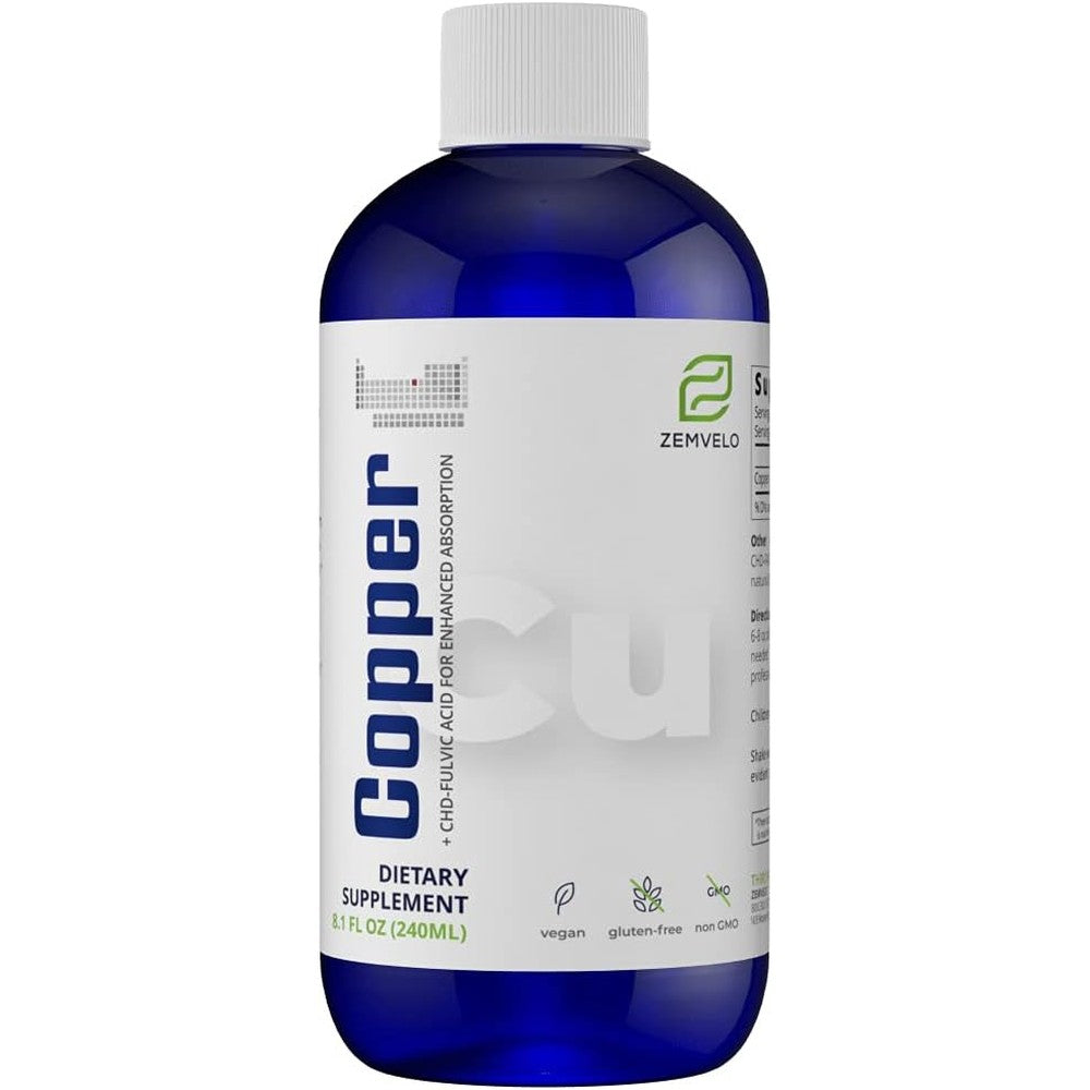 Zemvelo Liquid Ionic Chelated Copper bottle front view for premium health supplementation.