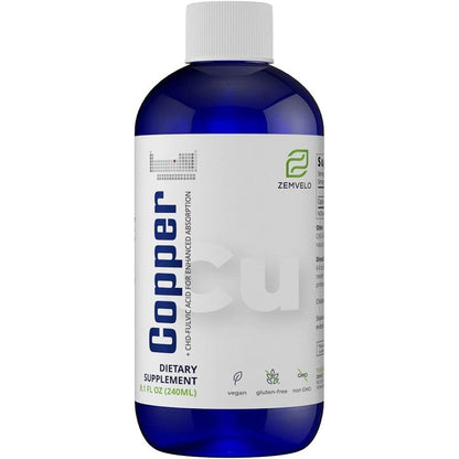 Zemvelo Liquid Ionic Chelated Copper bottle front view for premium health supplementation.