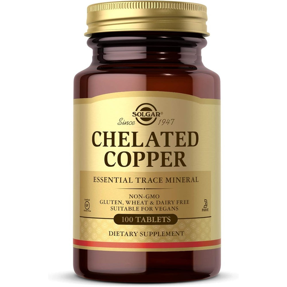 Solgar Chelated Copper 100 Tablets front view bottle showing premium amber glass packaging.