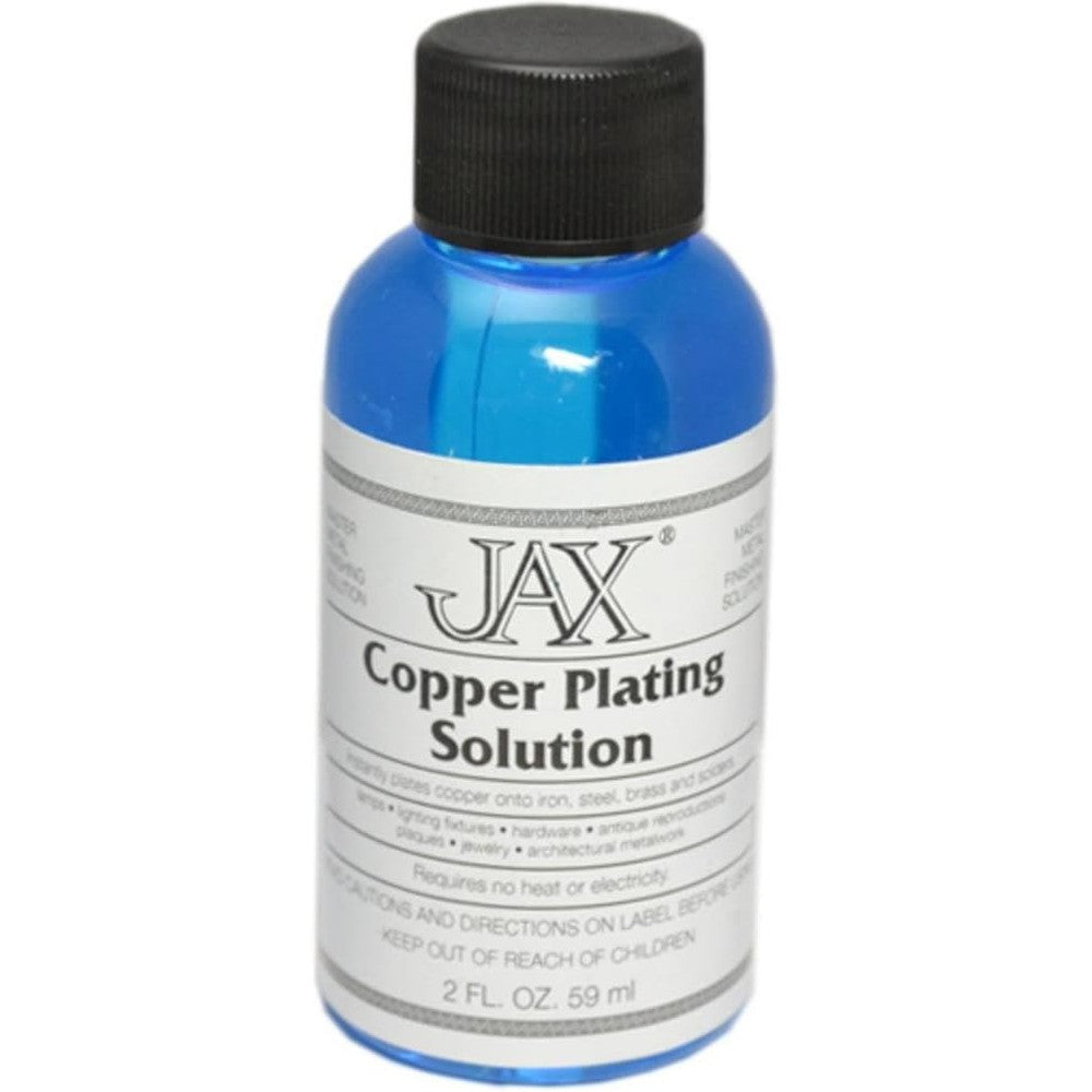 Jax Copper Plating Solution two fluid ounce bottle front view for instant metal finishing