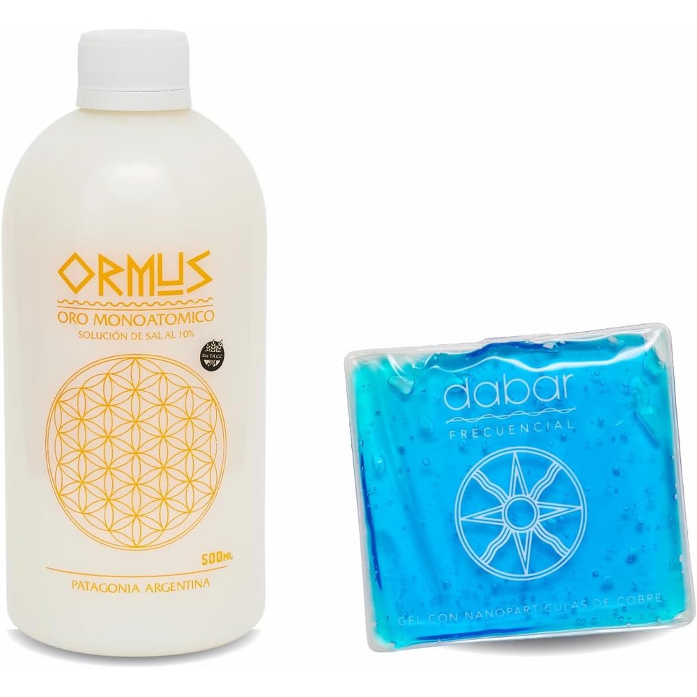 Ormus Patagonia monoatomic gold 500ml bottle and copper gel set front view