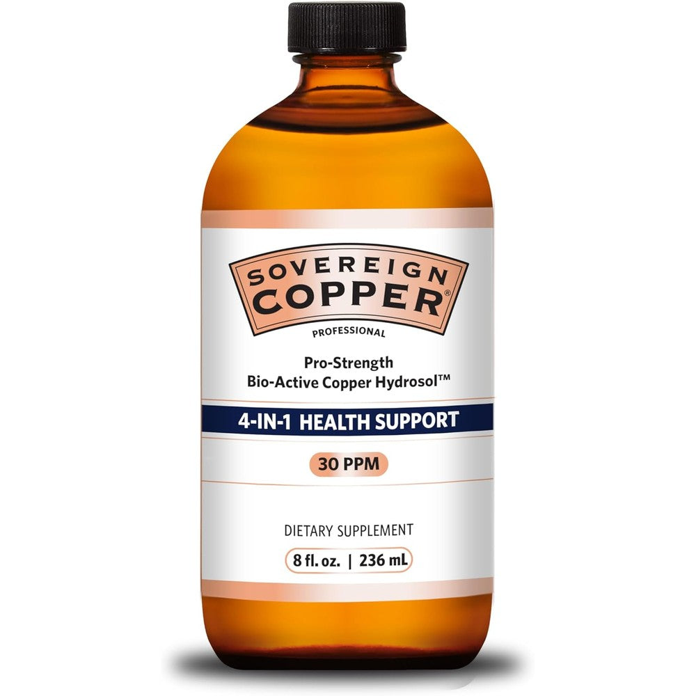 Sovereign Copper Pro Strength Bio Active Copper Hydrosol front view bottle for premium liquid trace mineral supplementation.