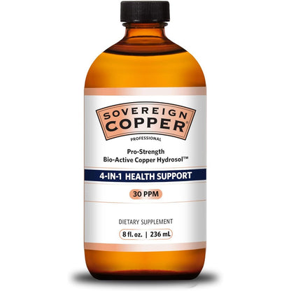 Sovereign Copper Pro Strength Bio Active Copper Hydrosol front view bottle for premium liquid trace mineral supplementation.