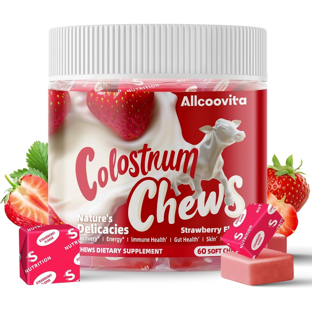 Parhaat Allcoovita Bovine Colostrum Chews front view showing strawberry flavor and 60 servings for gut health.