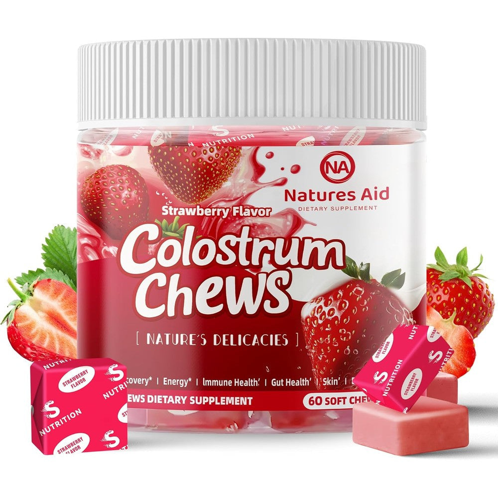 Natures Aid Colostrum Chews and Probiotics 60 strawberry tablets front view for gut health.