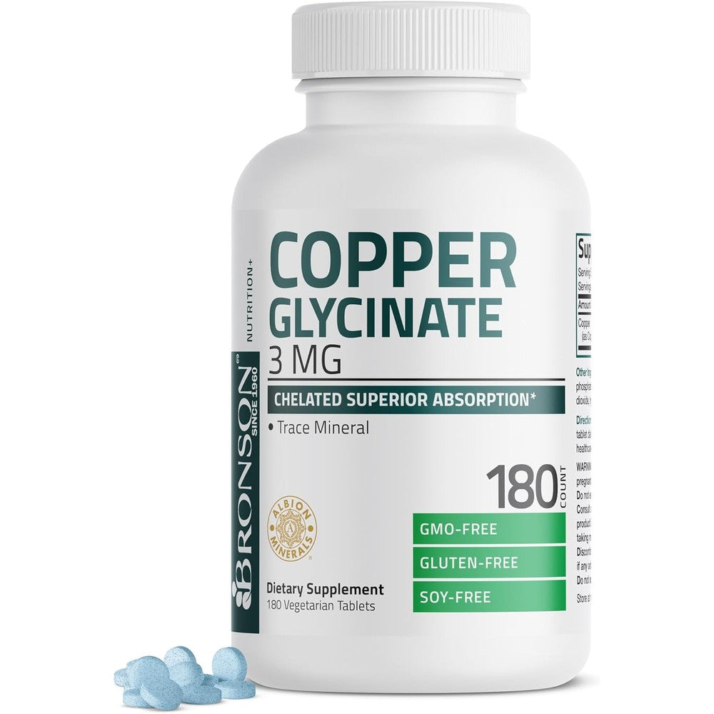 Bronson Copper Glycinate 3mg 180 vegetarian tablets front view bottle for premium mineral absorption