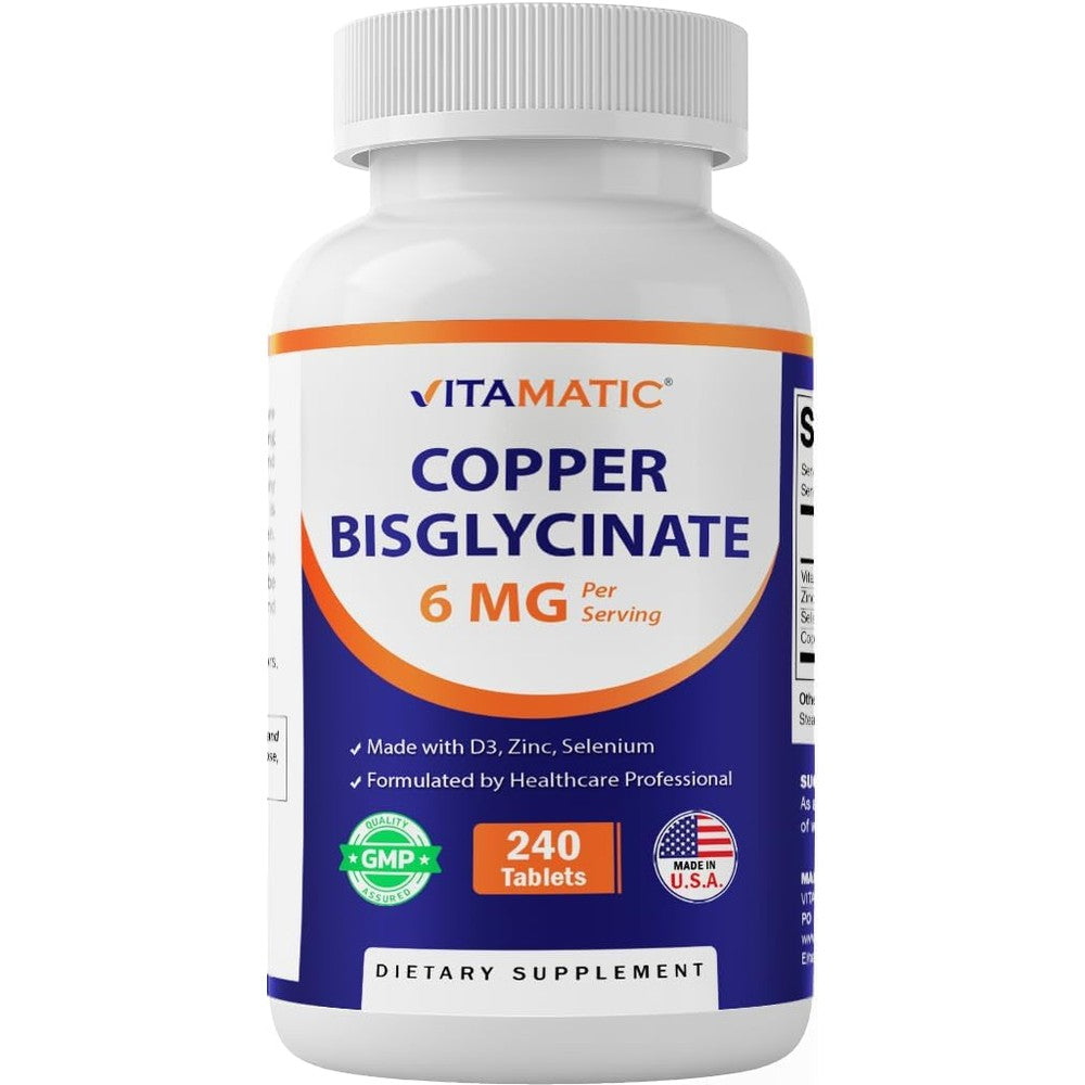 Vitamatic Copper Bisglycinate 6mg front packaging showing imported immune support supplement
