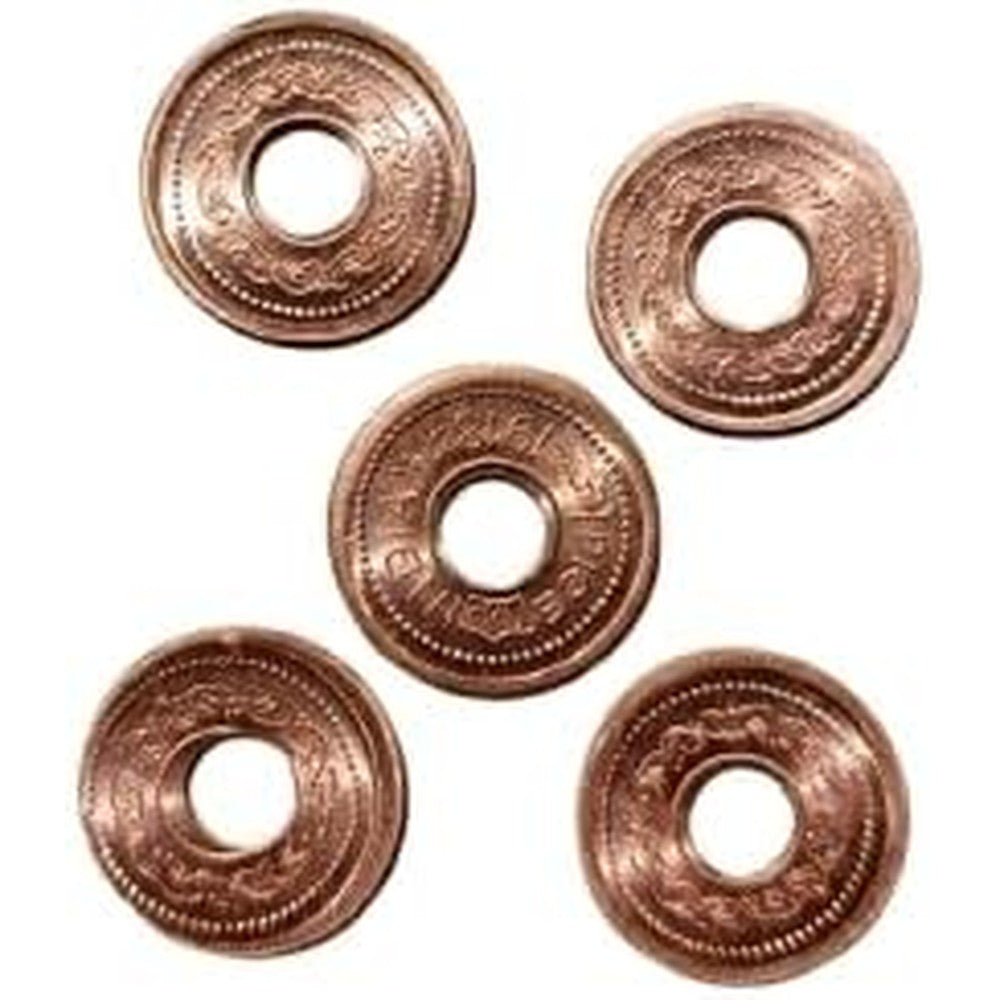 Generic pure copper coins front view arranged for traditional Indian pooja rituals.