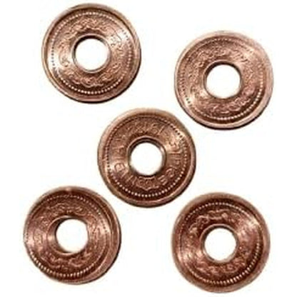 Generic pure copper coins front view arranged for traditional Indian pooja rituals.