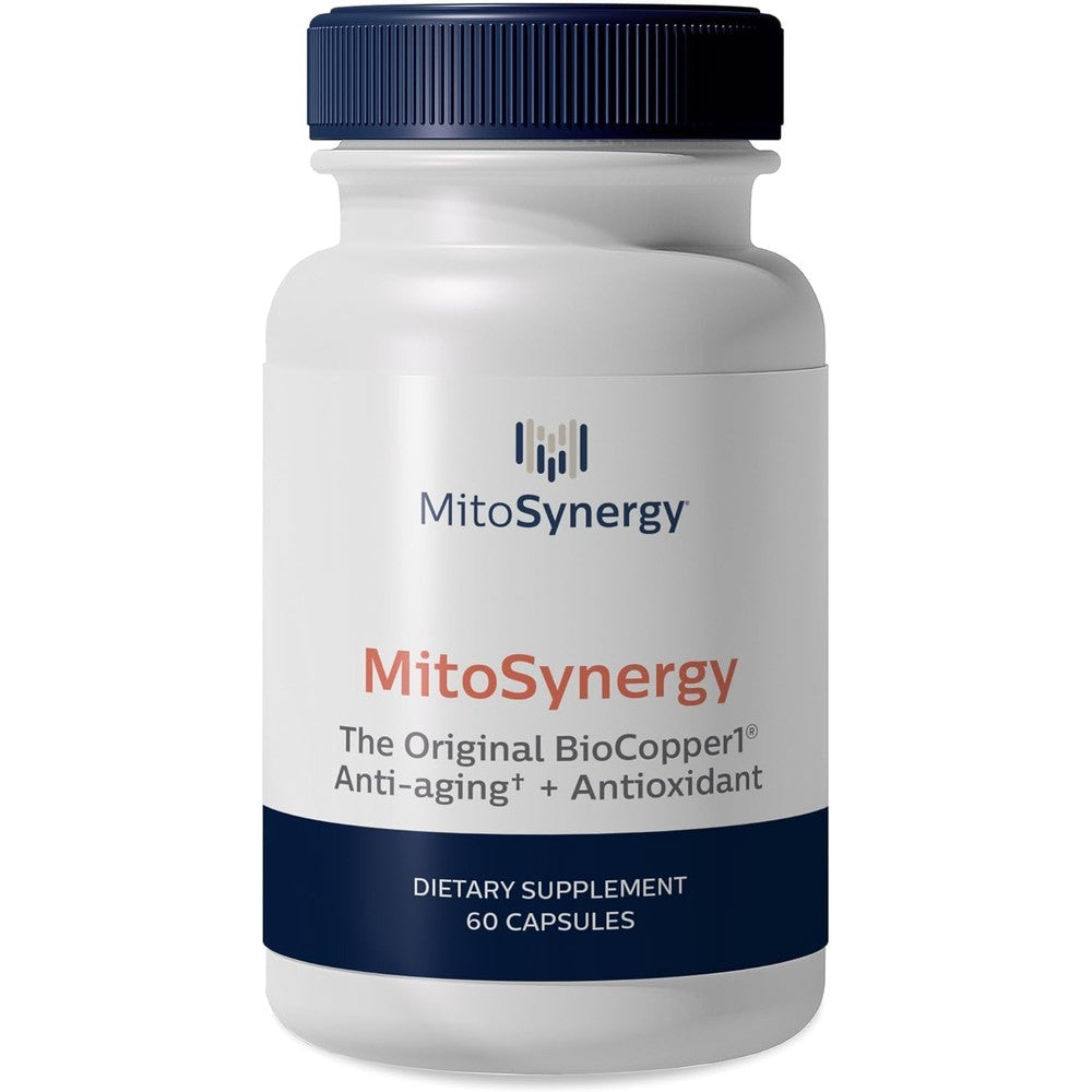 MitoSynergy Original BioCopper1 front view bottle showing 60 capsules of cellular energy multivitamin.