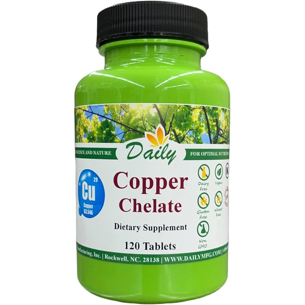 Daily Manufacturing Copper Amino Acid Chelate 120 tablets front bottle view showing essential trace mineral supplement packaging