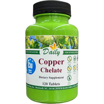 Daily Manufacturing Copper Amino Acid Chelate 120 tablets front bottle view showing essential trace mineral supplement packaging