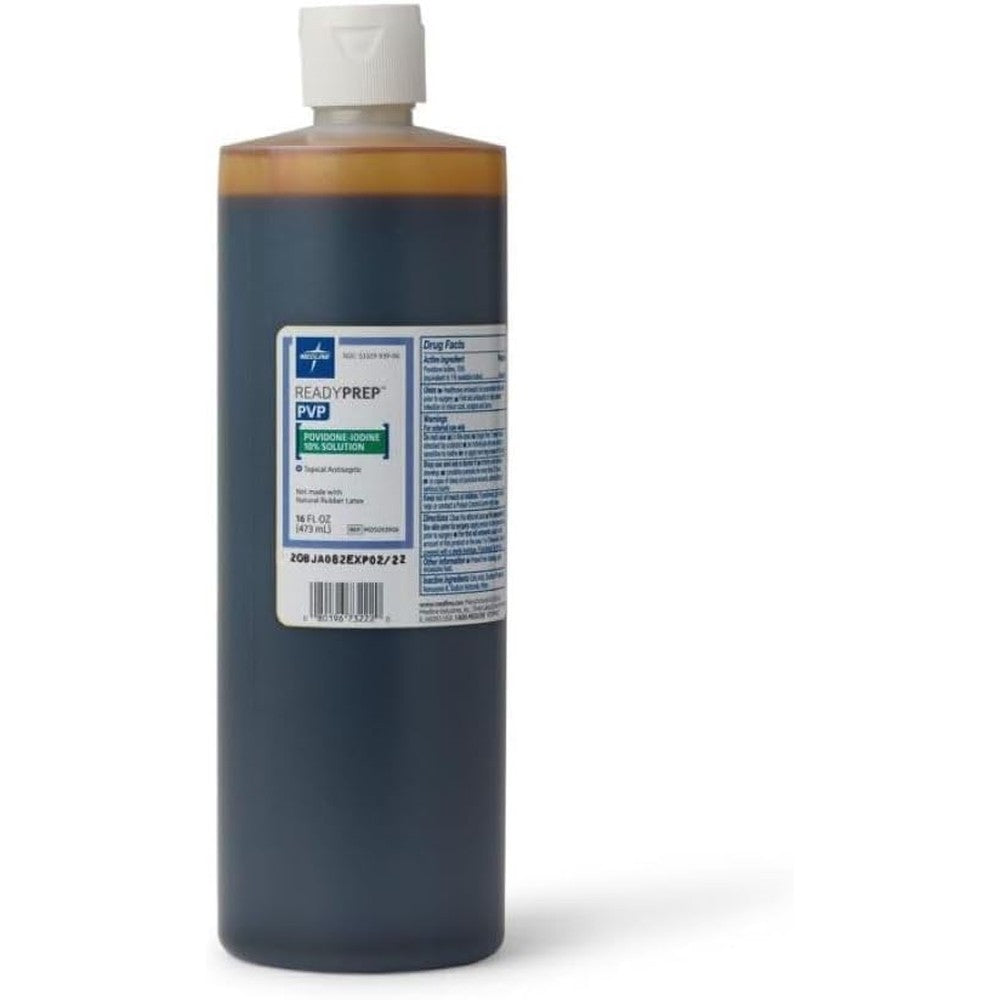 Medline Povidone Iodine Prep Solution 10% Antiseptic Liquid front view bottle