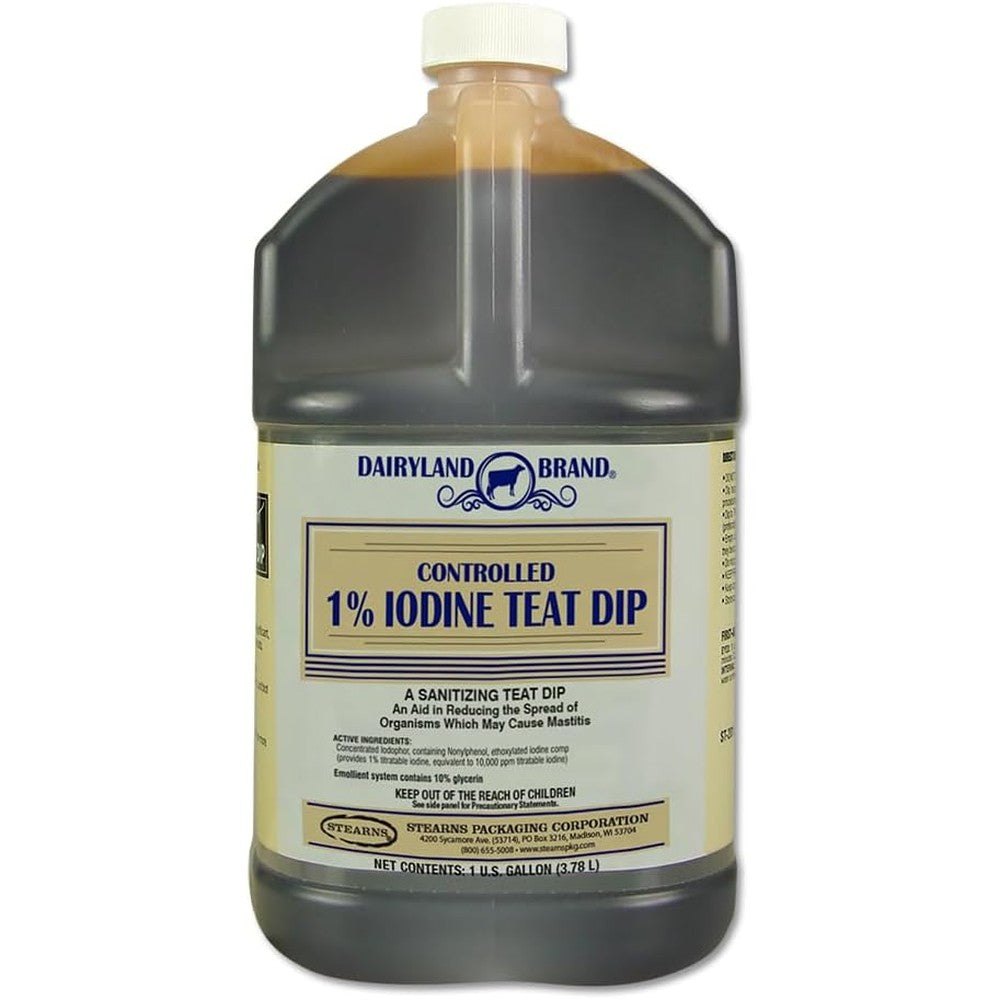 Stearns Packaging 1% Controlled Iodine Teat Dip gallon jug front view for dairy sanitation.