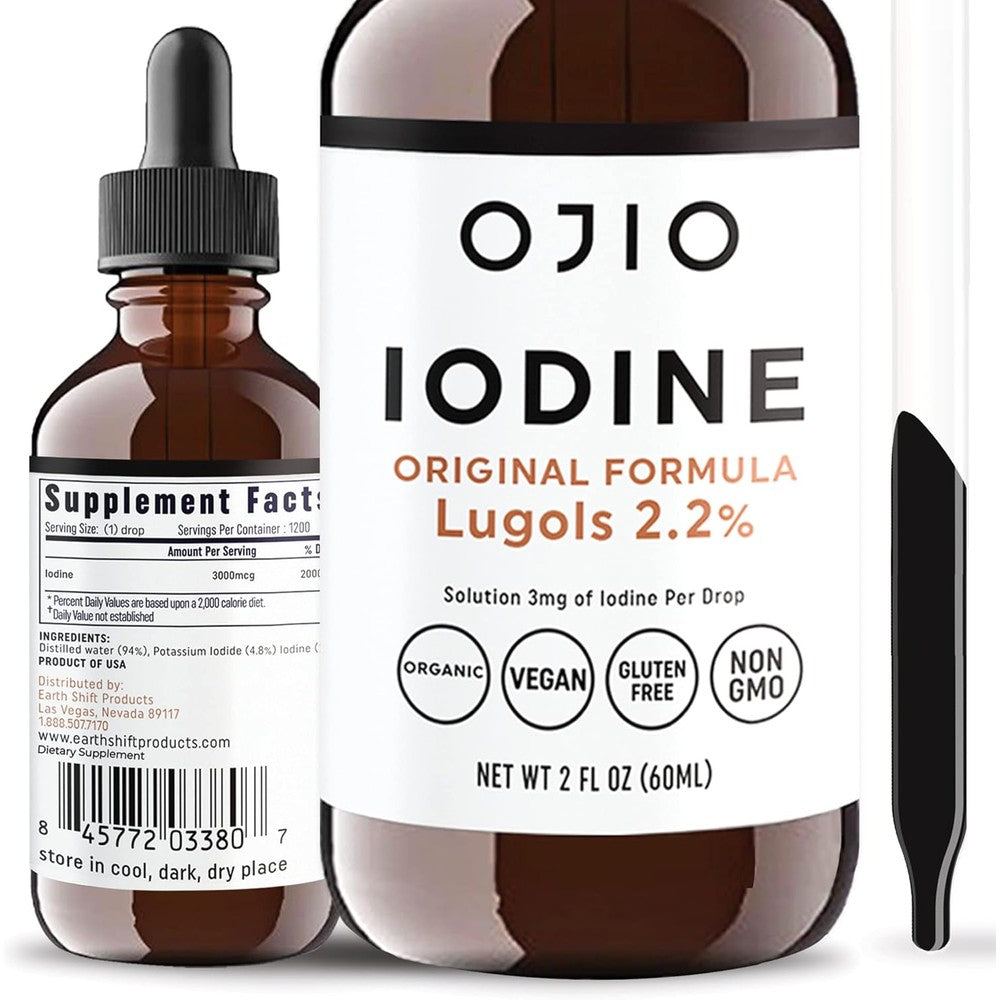 Ojio Lugols Iodine Solution 2 percent front view bottle showing premium USA imported supplement packaging