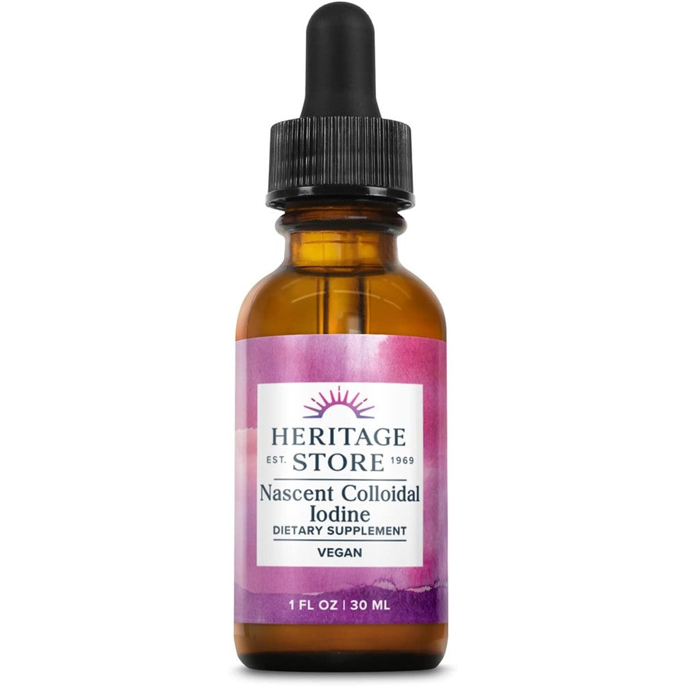 Heritage Store Nascent Colloidal Iodine Drops front view bottle for thyroid support