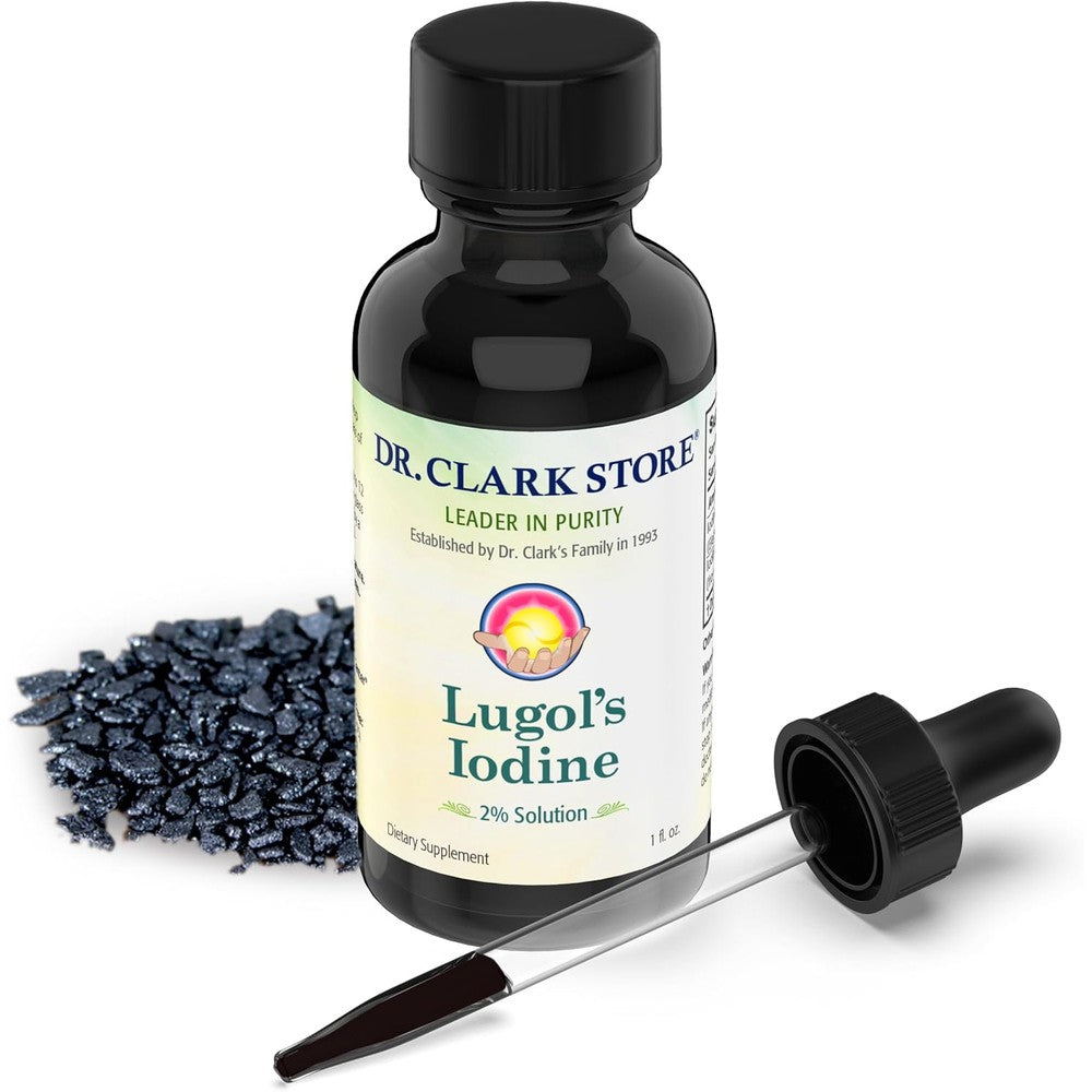 Dr. Clark Store Stomach Saver Lugols Iodine 2% Solution front view for thyroid support.