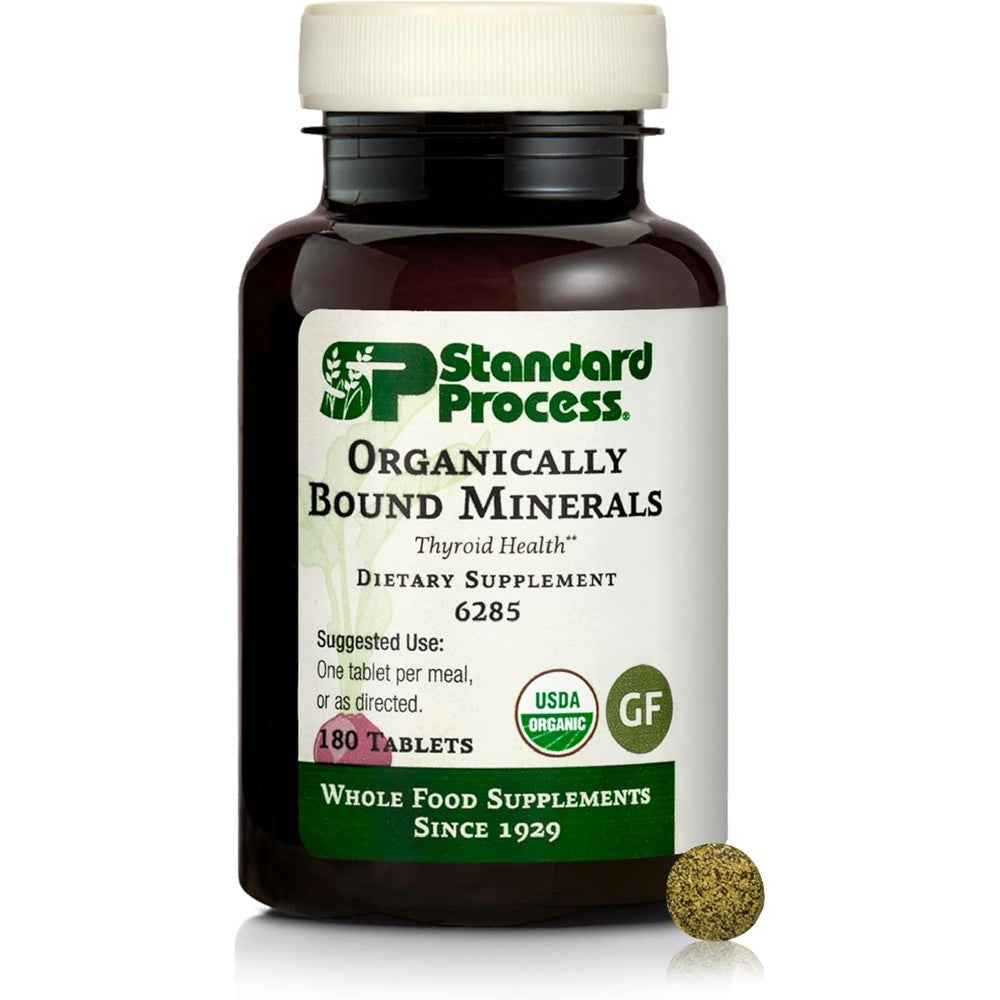 Standard Process Organically Bound Minerals 180 Tablets front view bottle for thyroid health