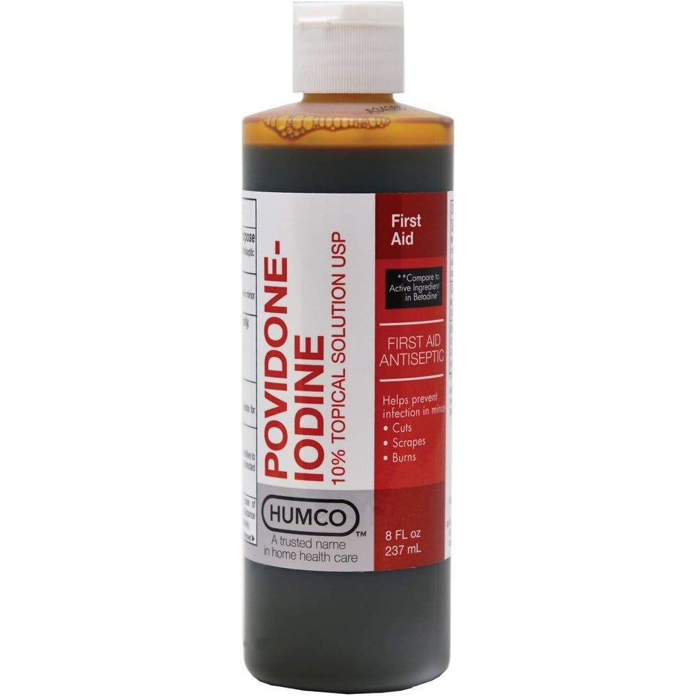 Humco 10 percent povidone iodine topical antiseptic solution 16 Ounce bottle front view