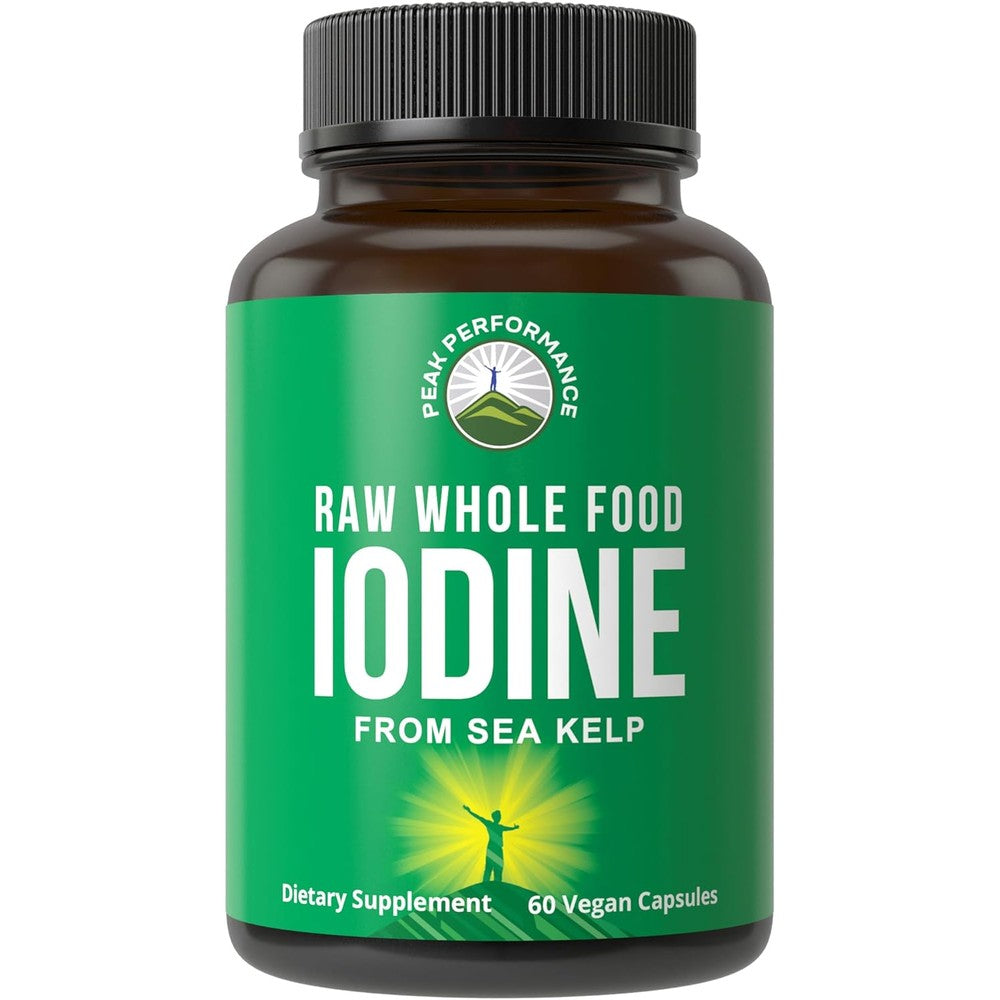 Peak Performance Raw Organic Kelp Iodine Supplement front view of 60 capsules bottle for metabolism support