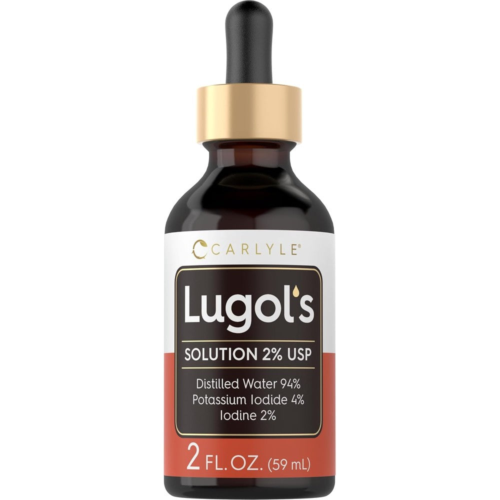 Carlyle Lugols Iodine 2 Percent Solution amber glass dropper bottle front view for thyroid support