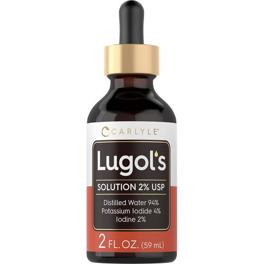 Carlyle Lugols Iodine 2 Percent Solution amber glass dropper bottle front view for thyroid support