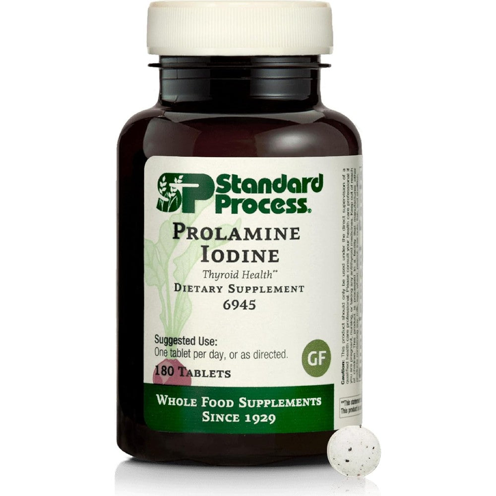 Standard Process Prolamine Iodine 180 Tablets front view bottle for thyroid support.