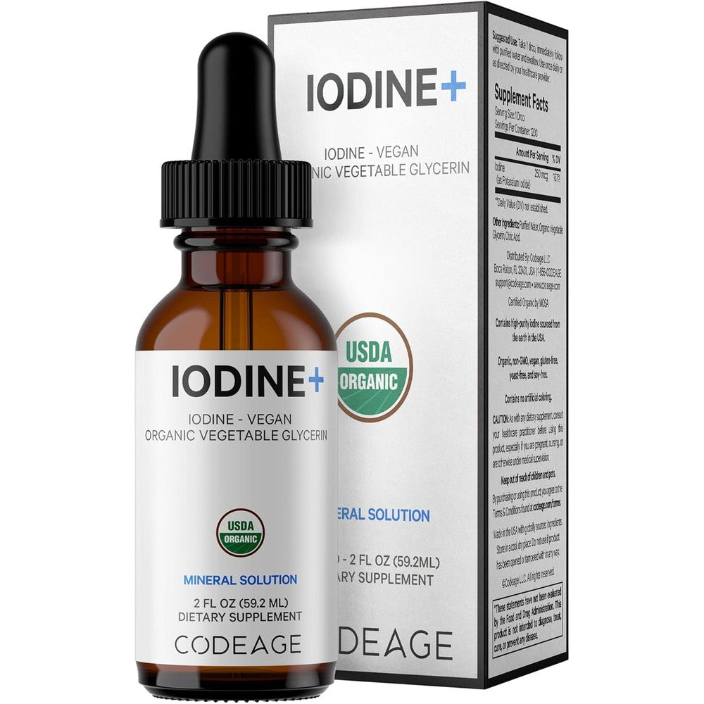 Codeage Organic Iodine Liquid Drops bottle front view showing USDA certified organic seal for thyroid health.