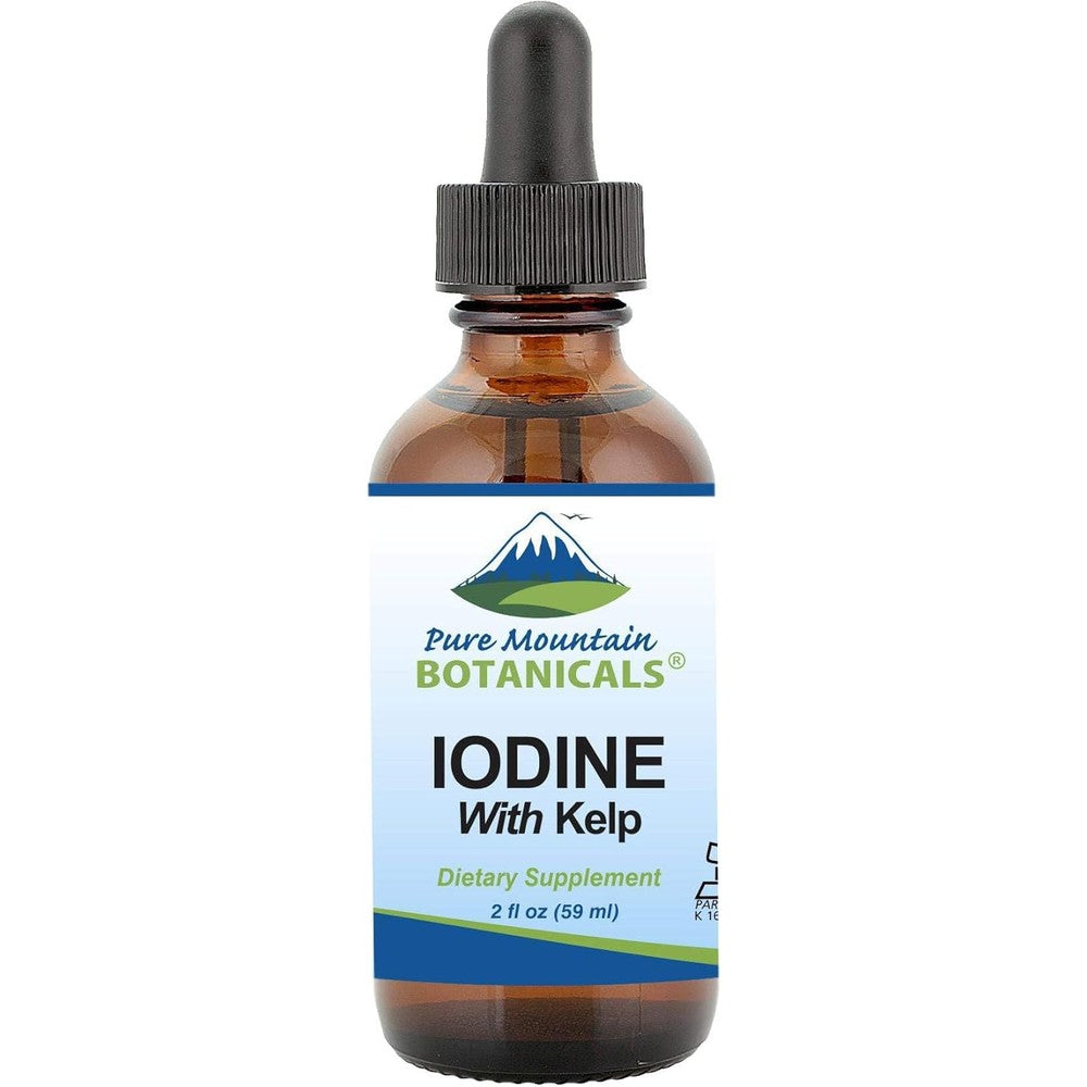 Pure Mountain Botanicals Liquid Iodine front view bottle showing premium USA imported packaging.