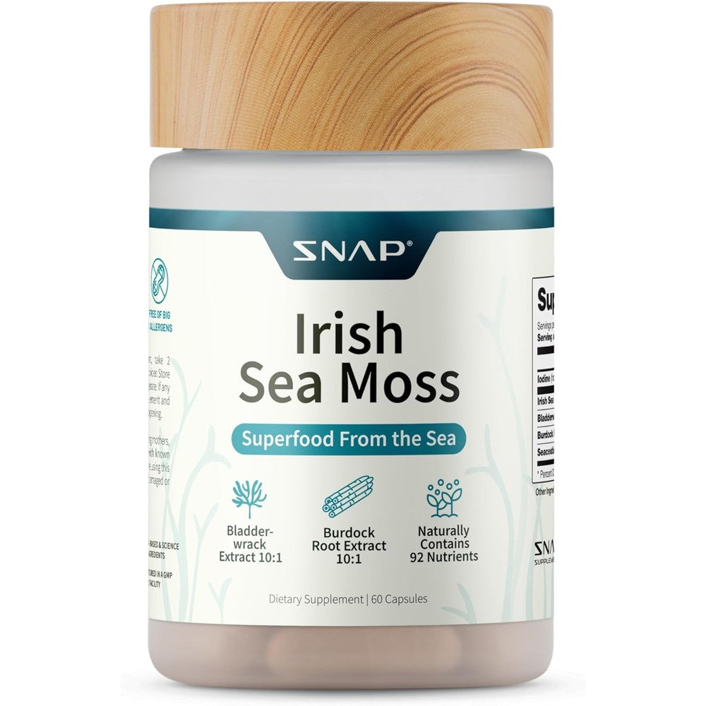 Snap Supplements Irish Sea Moss capsules front view bottle