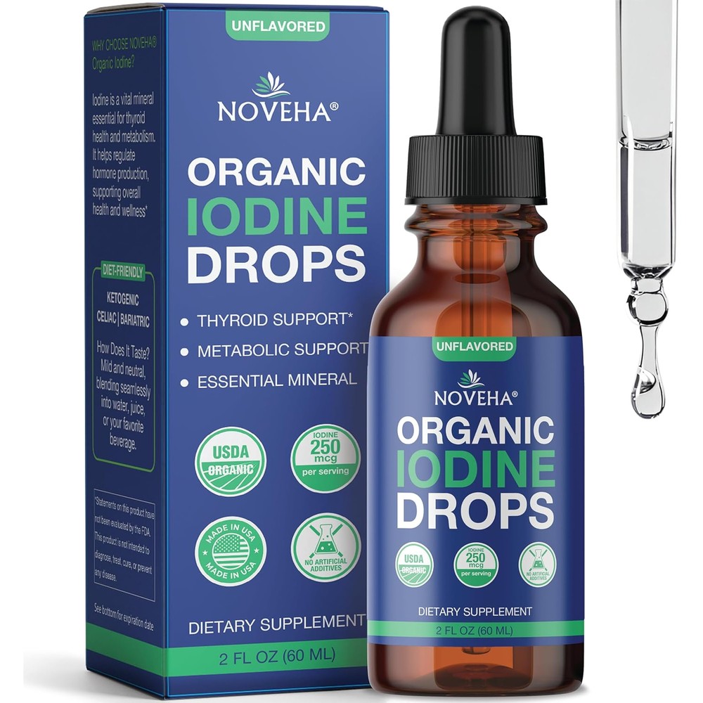 Noveha Organic Iodine Drops bottle front view for thyroid health