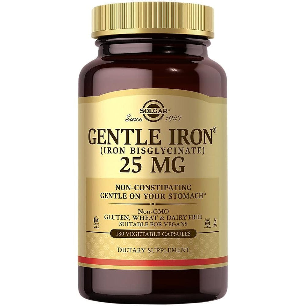 Solgar Gentle Iron 180 vegetable capsules bottle front view showing product labels and non-constipating formula details.