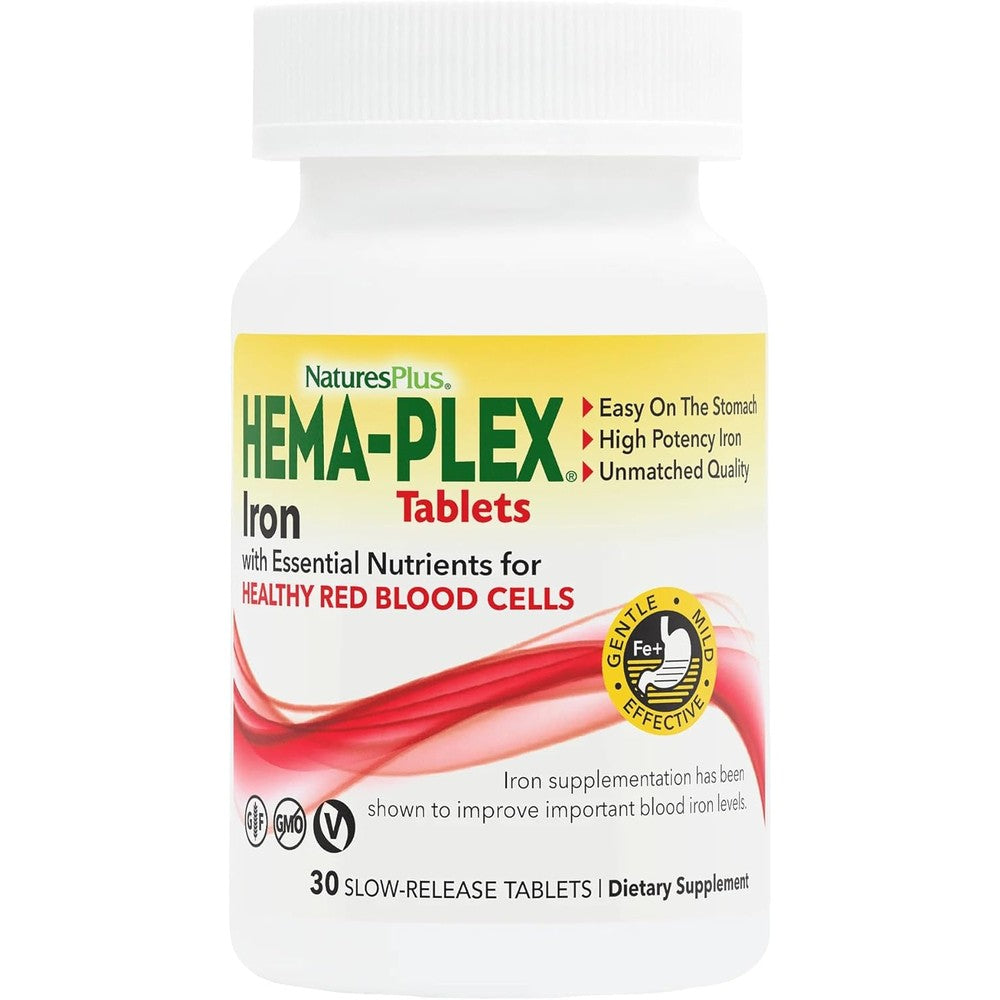 NaturesPlus Hema-Plex Iron 85 mg 30 Sustained Release Tablets bottle front view showing product label and dietary facts.