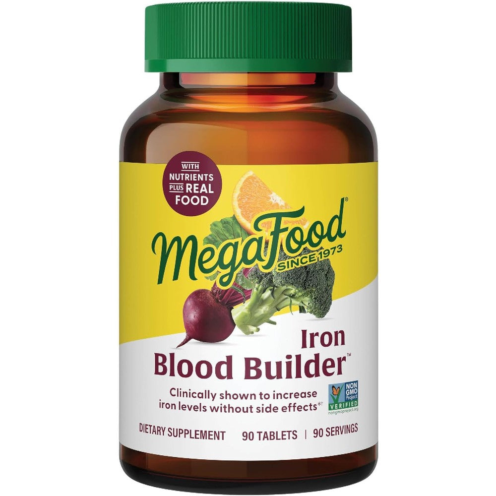 MegaFood Blood Builder Iron Supplement 90 Tablets front view bottle showing nutritional benefits for fatigue relief