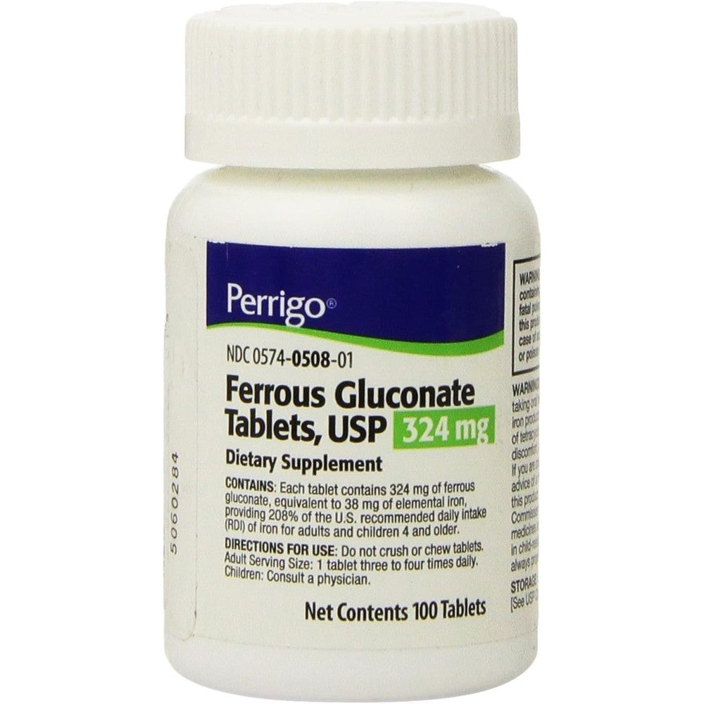 Paddock Laboratories Ferrous Gluconate 324mg 100 tablets front bottle view gentle iron supplement