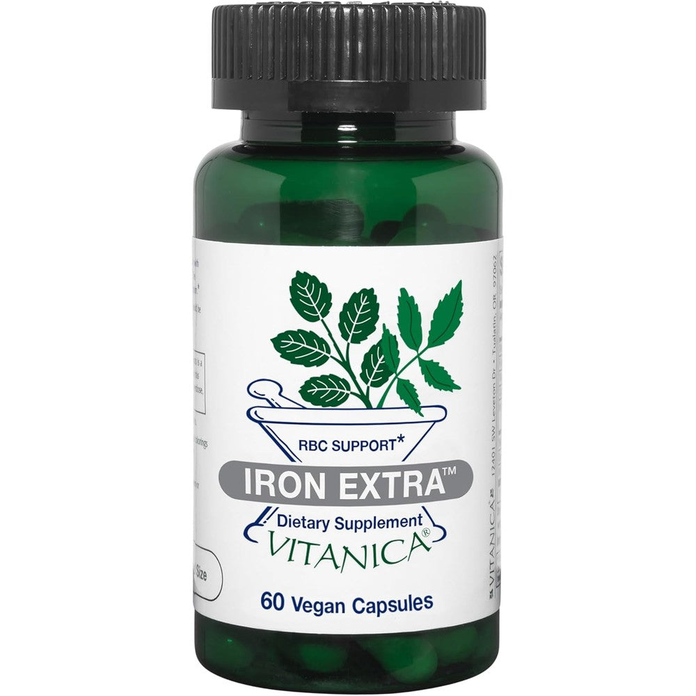 Vitanica Iron Extra 60 Vegan Capsules front view bottle showing premium red blood cell support packaging