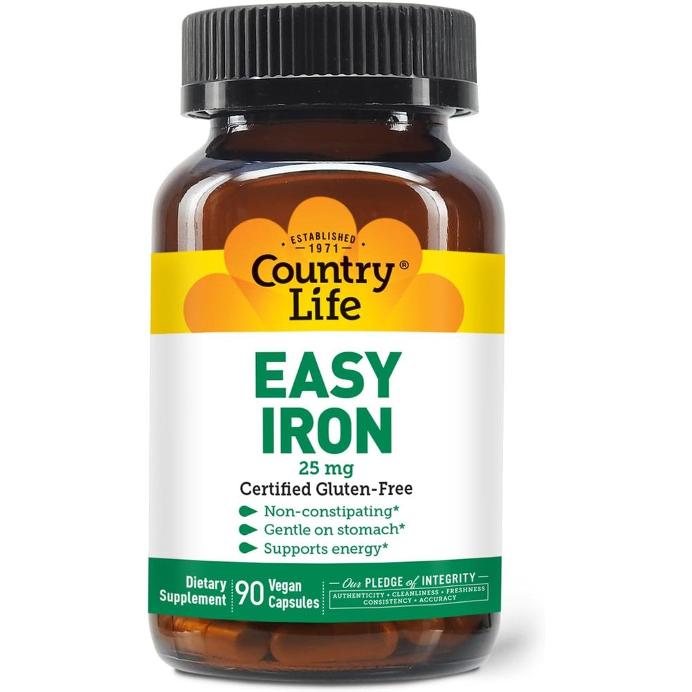 Country Life Easy Iron 25 Milligrams 90 Veggie Capsules front view of bottle